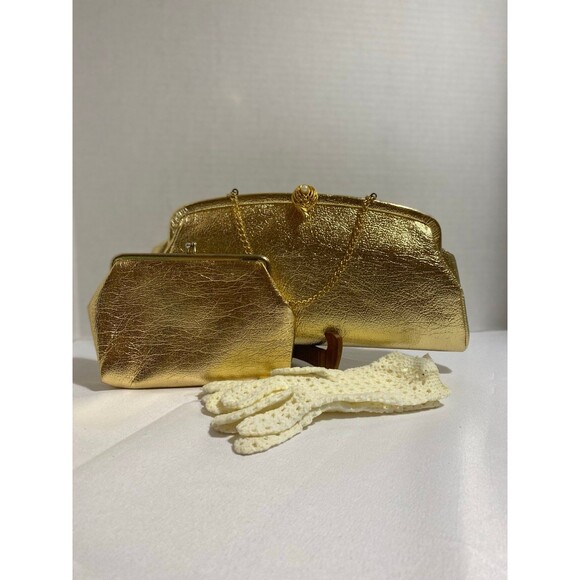 Handbags - Set of 3 Vintage Metallic gold evening clutch+ large coin purse + gloves